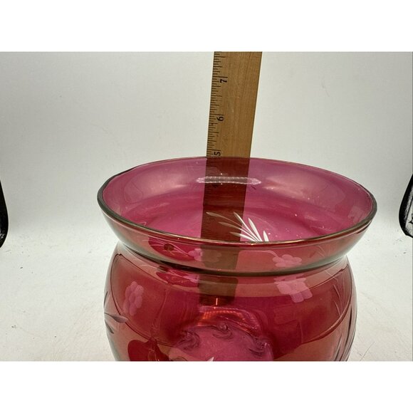 Floral Etched Cranberry Glass Lidded Candy Pedestal Made In Italy Vintage 9 In - Picture 10 of 12